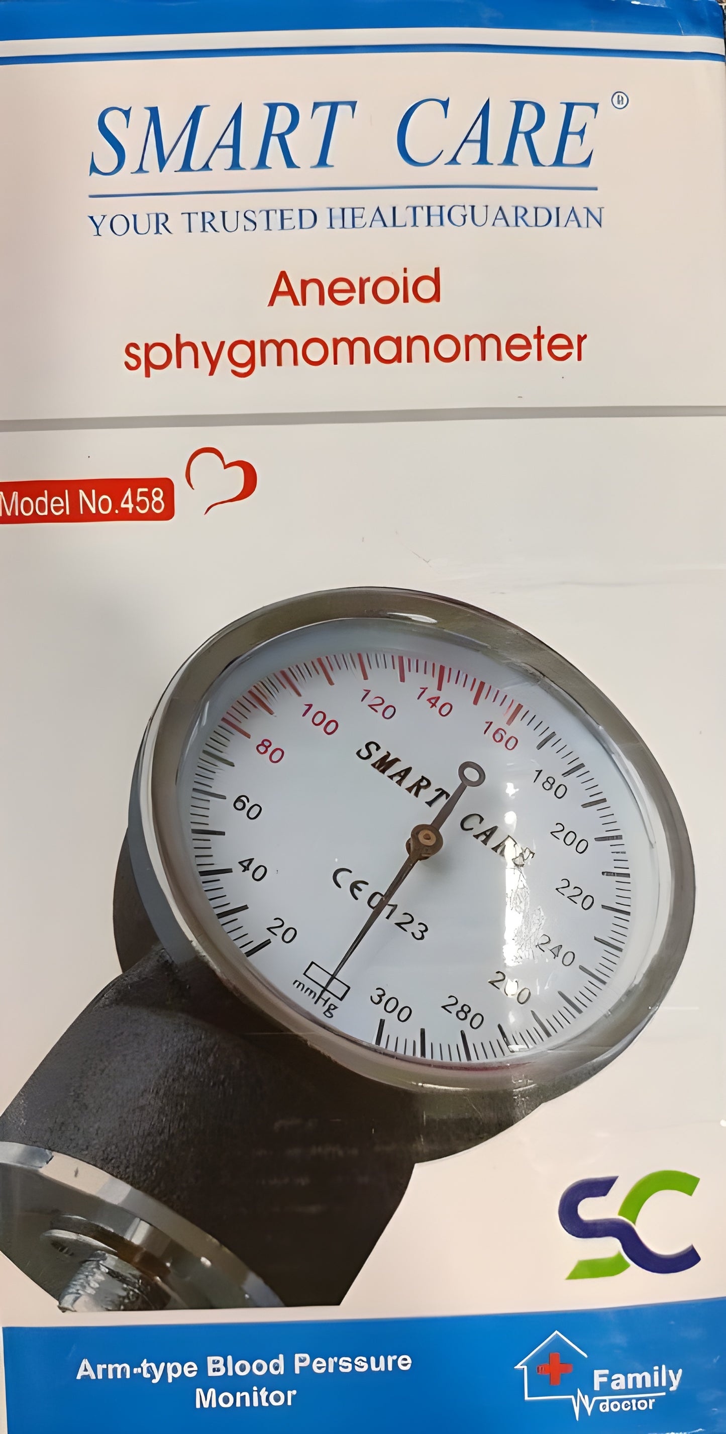 Smart Care Aneroid sphygmomanometer (Model no. 458).